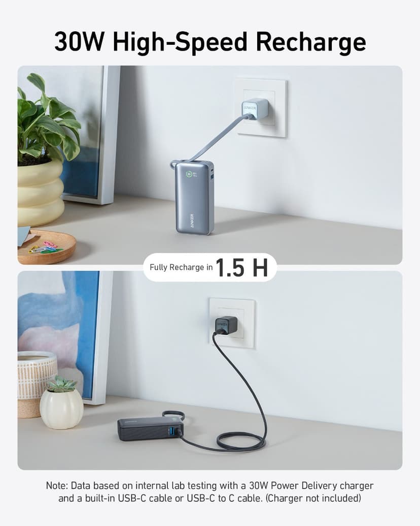 Anker 545 Nano Powerbank 10000mAh PD30W Inbyggd USB-C Kabel 10000mAh Svart
