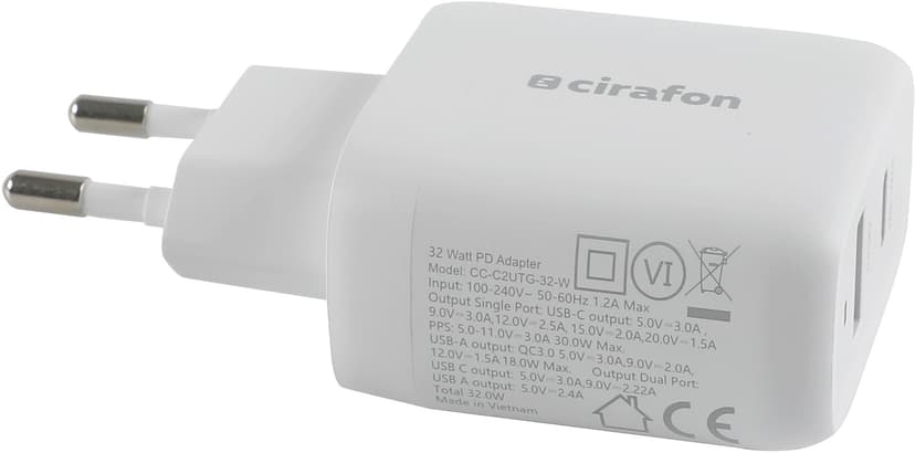 Cirafon Wall Charger 32W USB C+A PD/QC3.0 Hvit