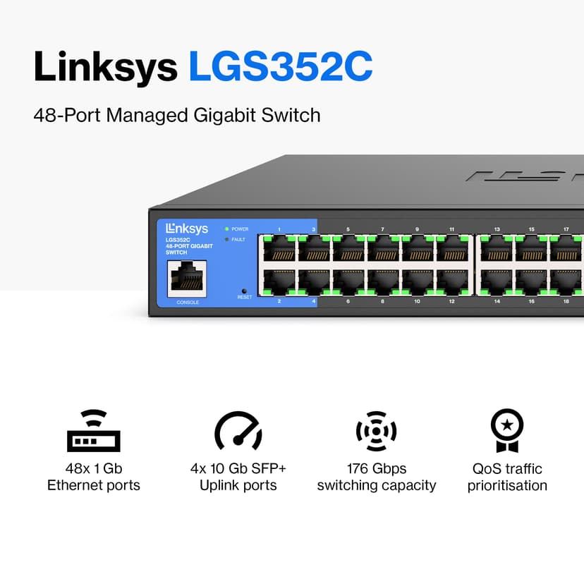 Linksys 48-portars administrerad Gigabit-nätverksswitch med 4 x 10 G SFP+ fack för upplänk
