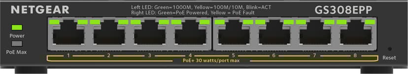 Netgear 8-Port Gigabit Ethernet High-Power PoE+ Plus Switch (GS308EPP) Managed L2/L3 Gigabit Ethernet (10/100/1000) Power over Ethernet (PoE) Black