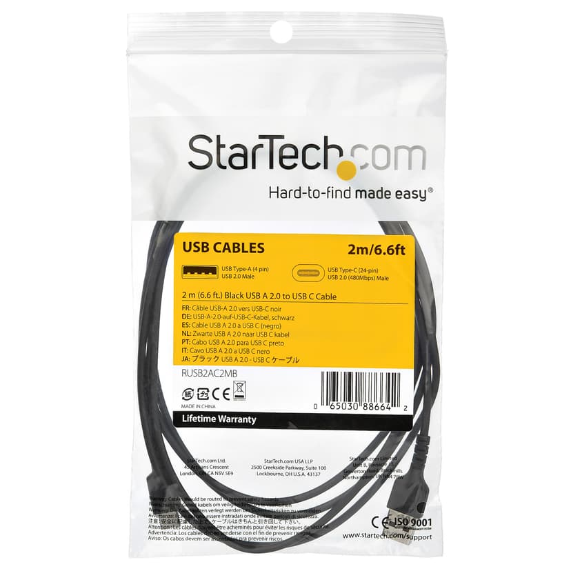 Startech StarTech.com 2 m (USB-A till USB-C-snabbladdningskabel, robust, laddning och synkronisering, 3 A, USB 2.0, svart TPE-mantel och aramidfiber - USB-laddningssladd 2m USB A USB C Svart