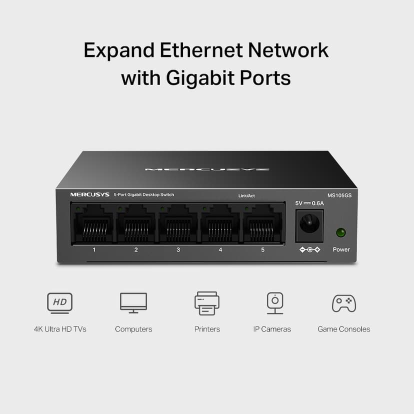 Mercusys MS105GS nettverkssvitsj Uhåndtert Gigabit Ethernet (10/100/1000) Sort