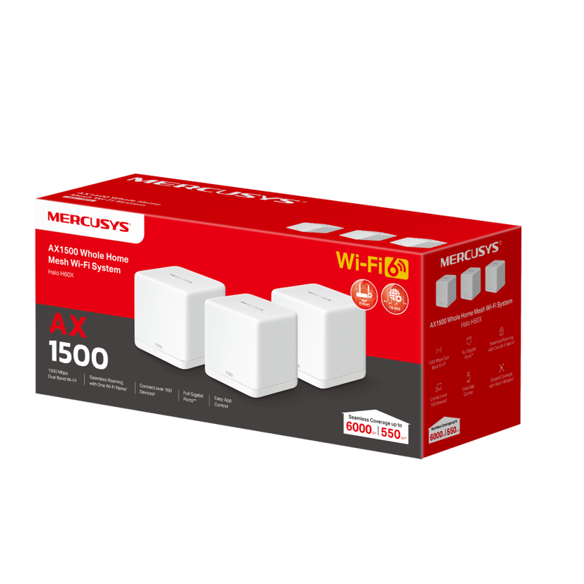 Mercusys Halo H60X AX1500 Koko Kodin Mesh WiFi 6 -järjestelmä 3-pakkaus Valkoinen