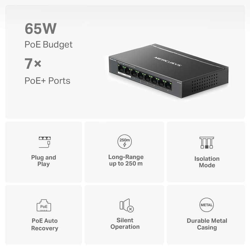 Mercusys MS108GP Network Switch Unmanaged Gigabit Ethernet (10/100/1000) Power over Ethernet (PoE) Black
