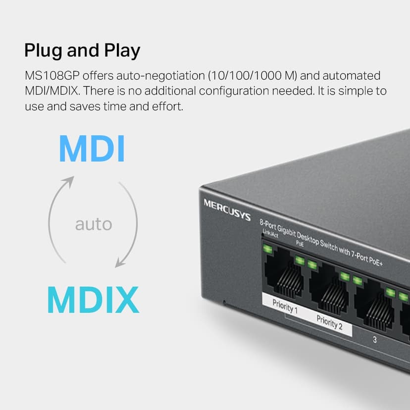 Mercusys MS108GP Network Switch Unmanaged Gigabit Ethernet (10/100/1000) Power over Ethernet (PoE) Black