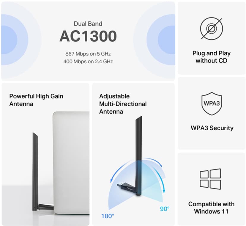 Mercusys MA30H AC1300 trådløs dual band usb-adapter med høj forstærkning