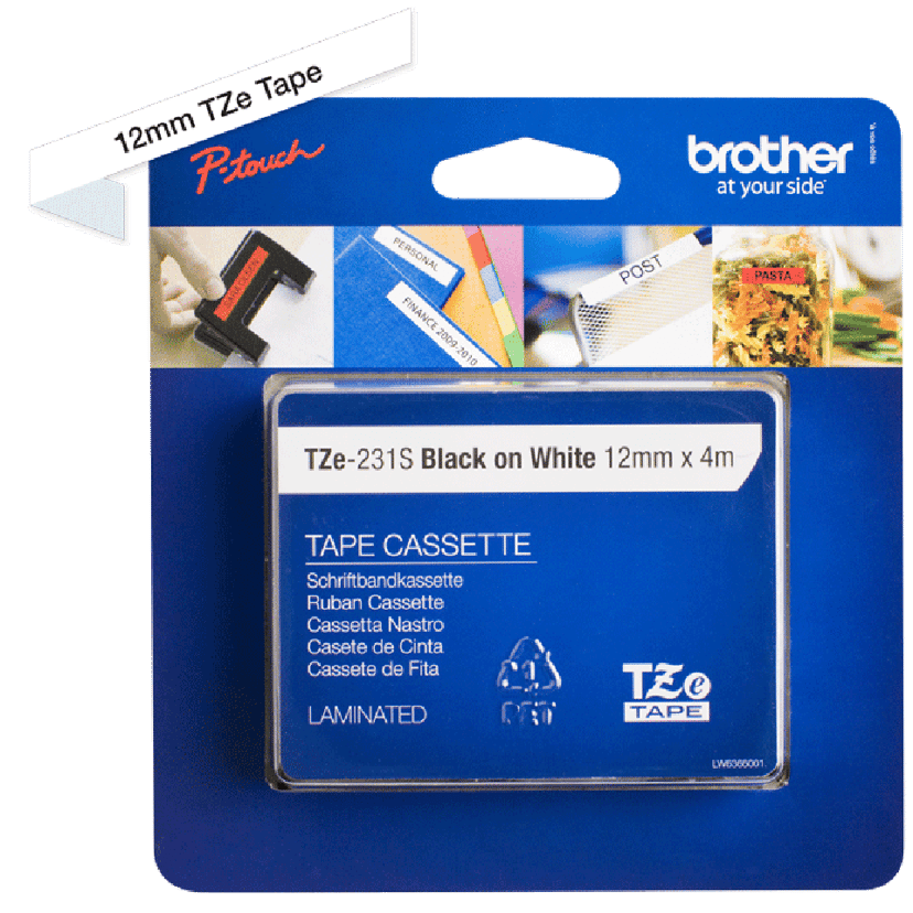 Brother Tape 12mm TZe-231S2 Sort/Hvid Retail Pack