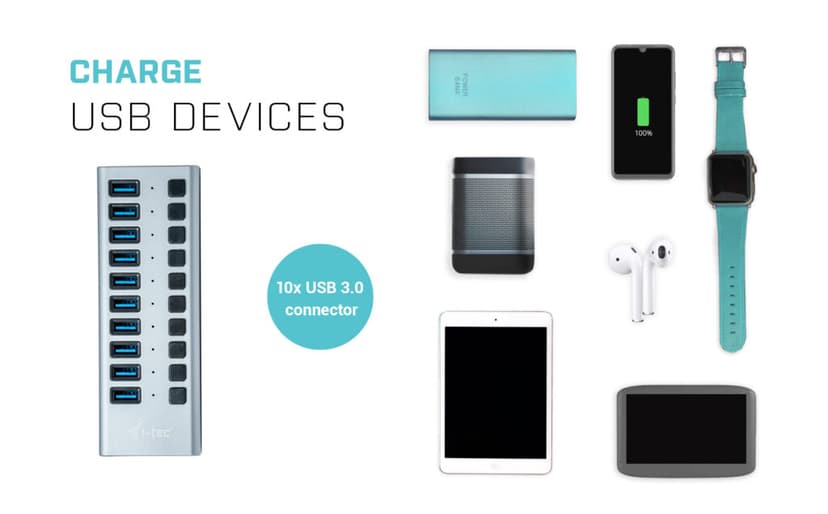 I-Tec USB 3.0 Charging HUB 10port 48W Harmaa 1m