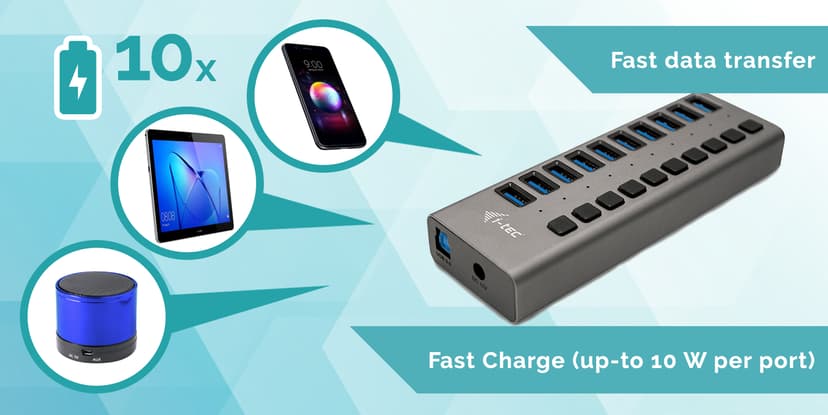 I-Tec USB 3.0 Charging HUB 10port 48W Harmaa 1m