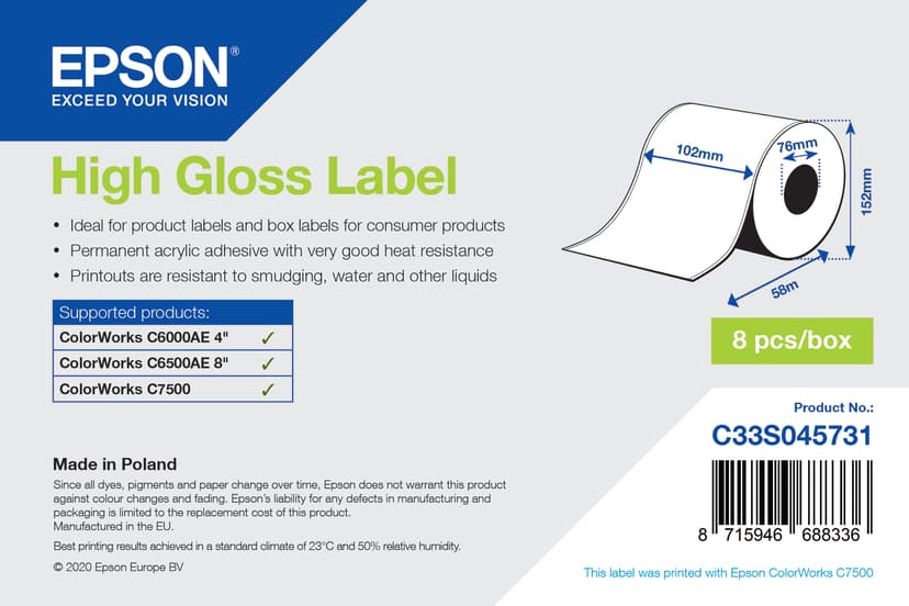 Epson Etiketten High Gloss Doorlopend 102mm 58m 1-Pack