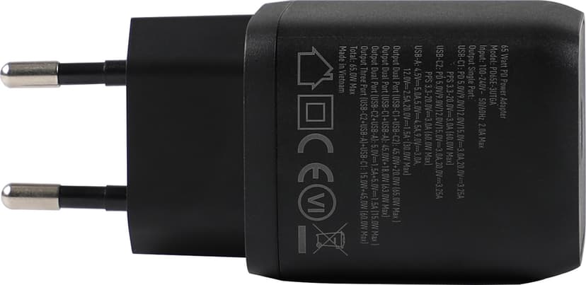 Cirafon 65W moniliitäntäinen USB-C-laturi PD/QC 3.0 Musta