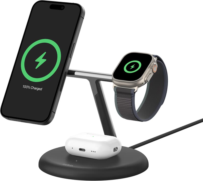 Belkin 3-in-1 Qi2 15W Magnetic Adjustable Charging Stand Musta
