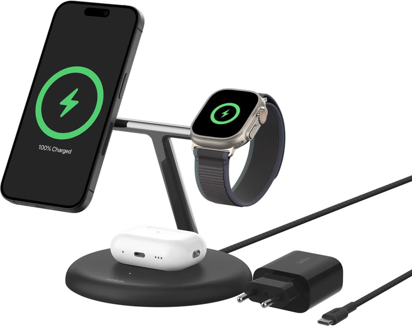 Belkin 3-in-1 Qi2 15W Magnetic Adjustable Charging Stand Musta