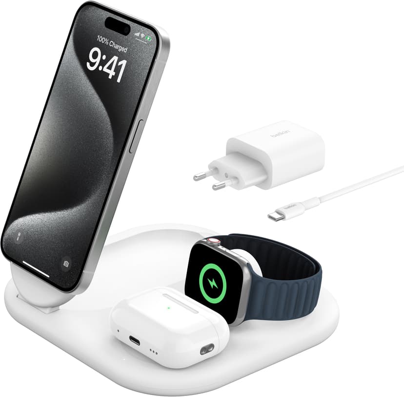 Belkin Magnetic 3-in-1 Stand Qi2 1.5m Valkoinen