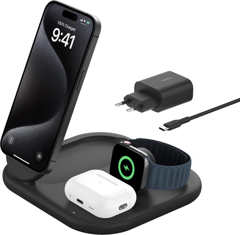 Belkin Magnetic 3-in-1 Stand Qi2 1.5m Svart