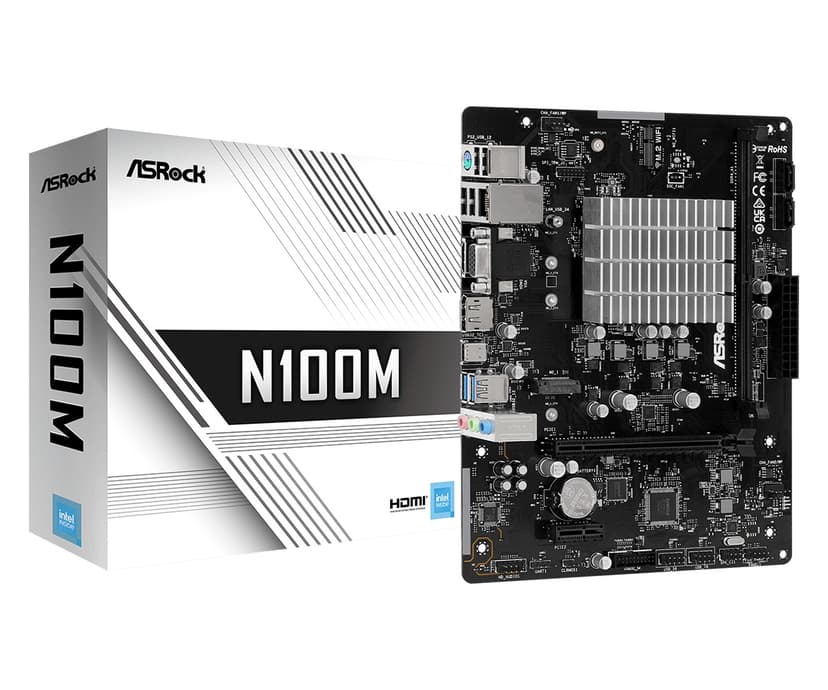 ASRock N100M ei saatavilla (integroitu CPU) mikro ATX ei saatavilla (integroitu CPU) Micro-ATX