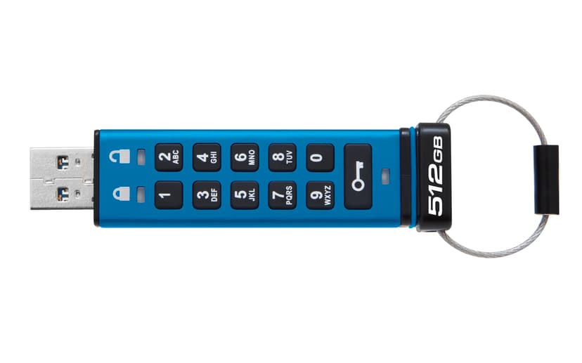 Kingston Technology IronKey 512 GB Keypad 200, FIPS 140-3, niv. 3 (afventer) AES-256 krypteret 512GB USB-A Blå