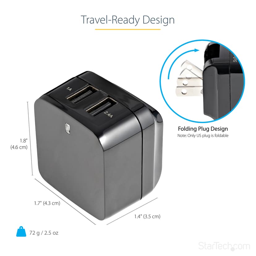 Startech Dual Port USB Wall Charger 17W/3.4A Zwart