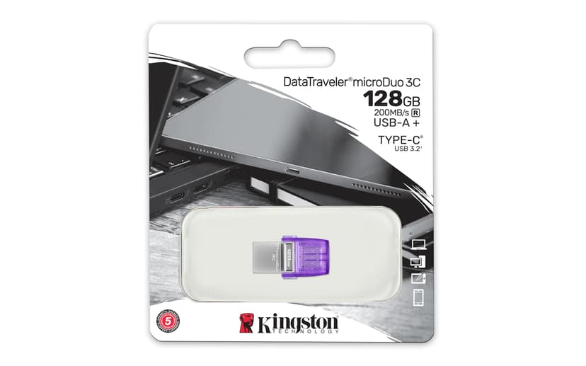 Kingston Technology DataTraveler microDuo 3C USB-minnepenn 128 GB USB Type-A / USB Type-C 3.2 Gen 1 (3.1 Gen 1) Rustfritt stål, Lilla 128GB USB Type-A / USB Type-C Rustfritt stål, Lilla