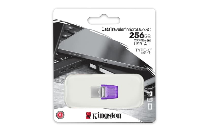 Kingston Technology DataTraveler 256GB microDuo 3C 200 MB/s dubbele USB-A + USB-C 256GB USB Type-A / USB Type-C Roestvrijstaal, Paars