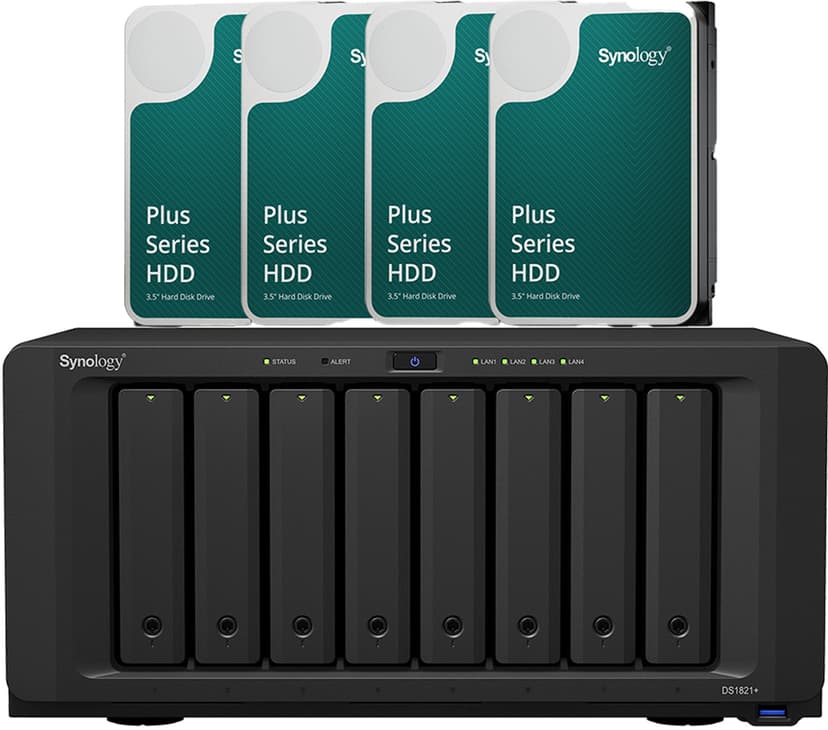 Synology DS1821+, jossa on 4 esiasennettua 8 TB asemaa (32 TB).