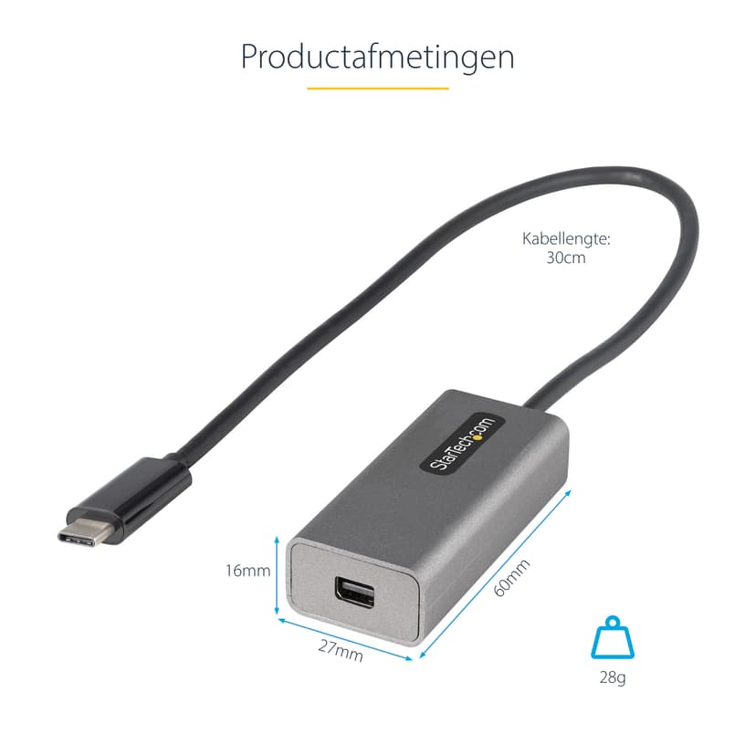 Startech StarTech.com USB C naar Mini DisplayPort Adapter - 4K 60Hz USB-C naar mDP Adapter Dongle - USB Type-C naar Mini DP Monitor - Video Converter - Werkt met Thunderbolt 3 - 30cm Vaste Kabel