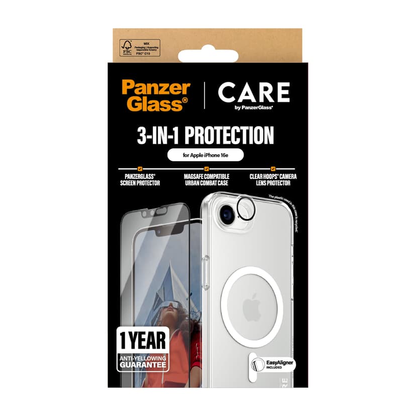 Panzerglass CARE 3-in-1 Bundle iPhone 16e Läpinäkyvä