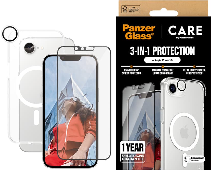 Panzerglass CARE 3-in-1 Bundle iPhone 16e Läpinäkyvä