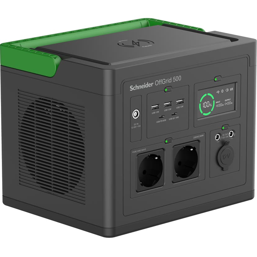 APC SE OffGrid Kannettava Voimalaitos 500 - Li-Ion-akku, LCD-näyttö, 2x pistorasia, 3x USB-A, 2x USB-C, 3x 12V, langaton laturi