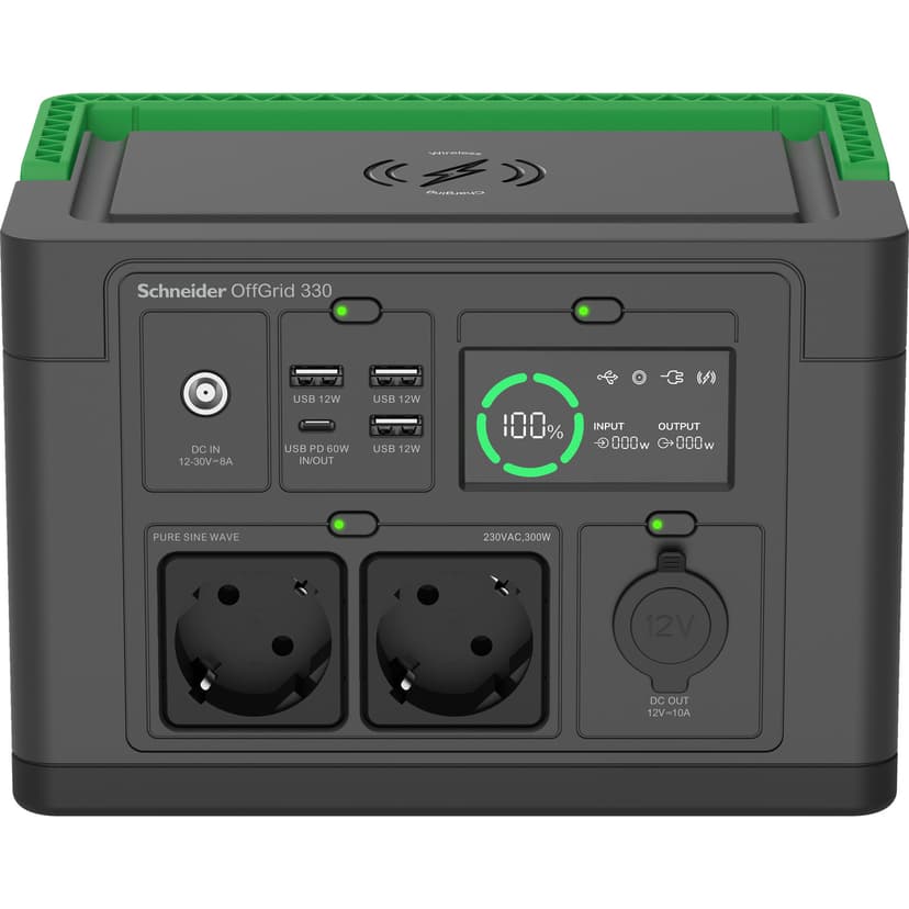 APC SE OffGrid Portable Power Station 330 - Li-Ion-batteri, LCD, 2x stikkontakt, 3x USB-A, 1x USB-C, 1x 12V, trådløs lader