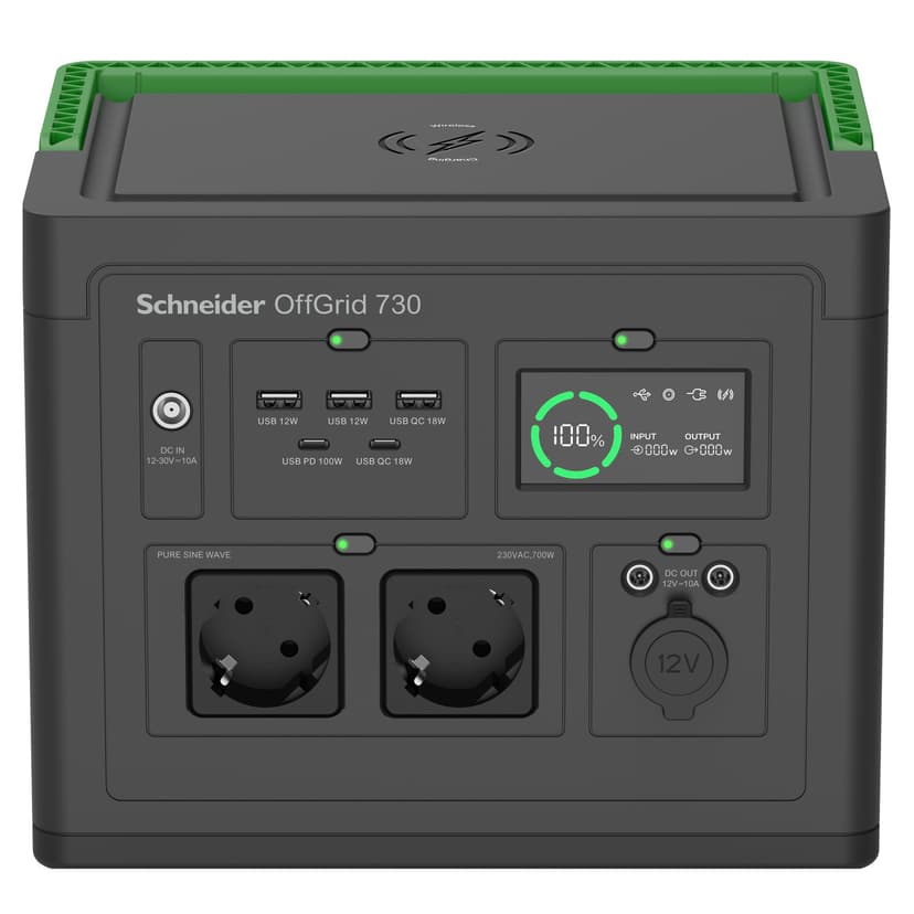 APC SE OffGrid Portable Power Station 730 - Li-Ion-batteri, LCD, 2 x stikkontakt, 3 x USB-A, 2 x USB-C, 3 x 12V, trådløs lader