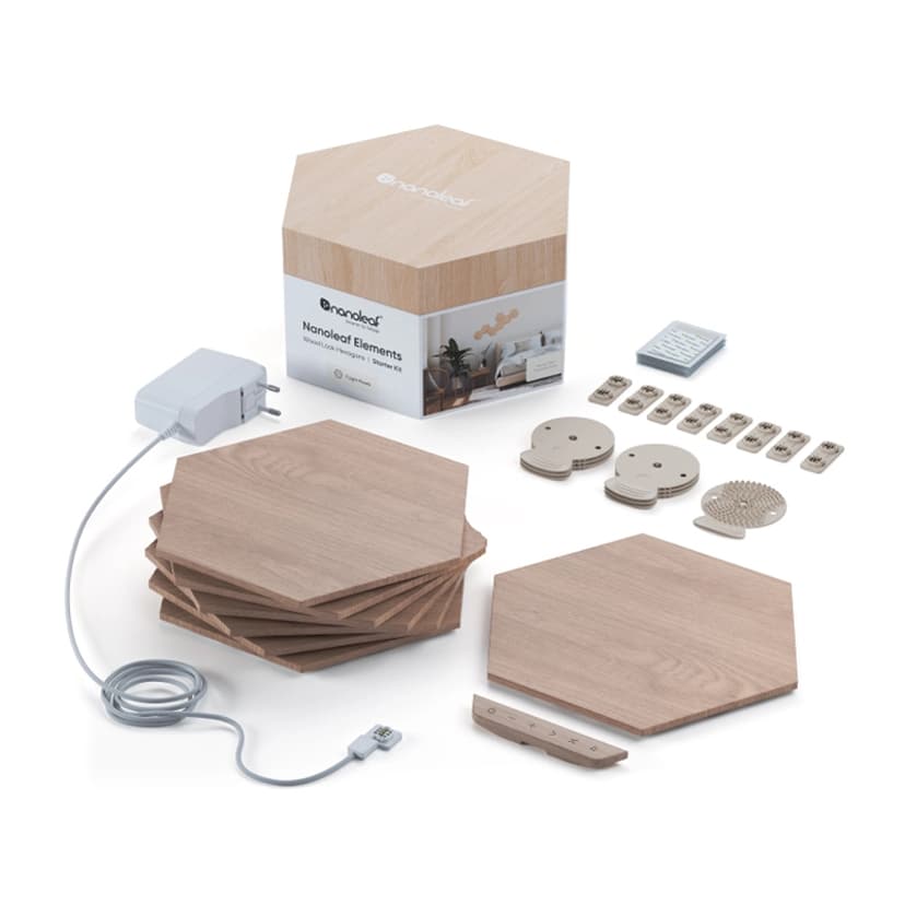 Nanoleaf Elements Wood Lock Hexagones -aloituspakkaus, jossa on 7 paneelia