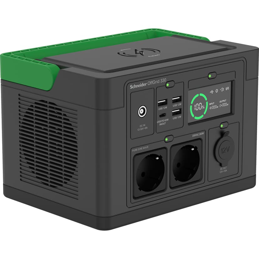 APC SE OffGrid Portable Power Station 330 - Li-Ion-batteri, LCD, 2x stikkontakt, 3x USB-A, 1x USB-C, 1x 12V, trådløs lader