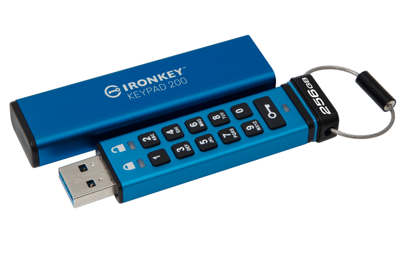 Kingston Technology IronKey 256GB Keypad 200, FIPS 140-3 Lvl 3 (aangevraagd) AES-256 versleuteld 256GB USB-A Blauw