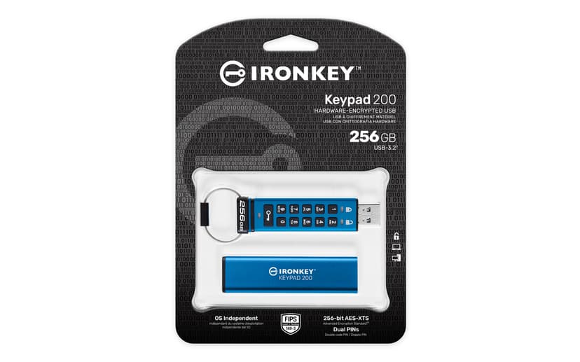 Kingston Technology IronKey 256GB Keypad 200, FIPS 140-3 Lvl 3 (aangevraagd) AES-256 versleuteld 256GB USB-A Blauw