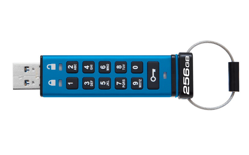 Kingston Technology IronKey 256GB Keypad 200, FIPS 140-3 Lvl 3 (aangevraagd) AES-256 versleuteld 256GB USB-A Blauw