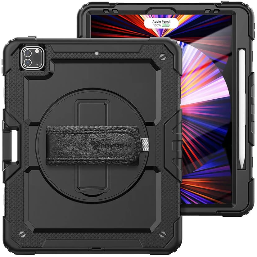 Armor-X Rainproof military grade rugged case with hand strap and kick-stand iPad Pro 12.9" 3rd gen, iPad Pro 12.9" 4th gen, iPad Pro 12.9" 5th gen, iPad Pro 12.9" 6th gen Svart