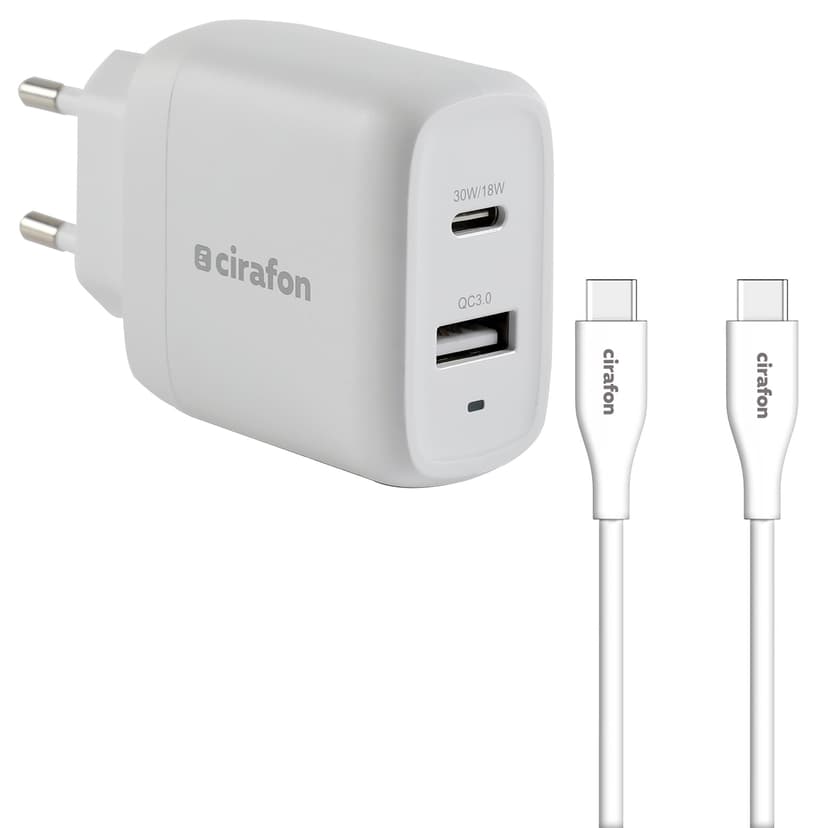 Cirafon USB-C laturi ja kaapelisetti Valkoinen