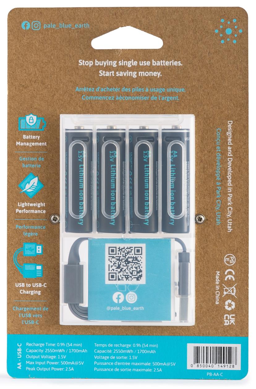 PALE BLUE Uppladdningsbart Batteri AA 4-Pack USB-C