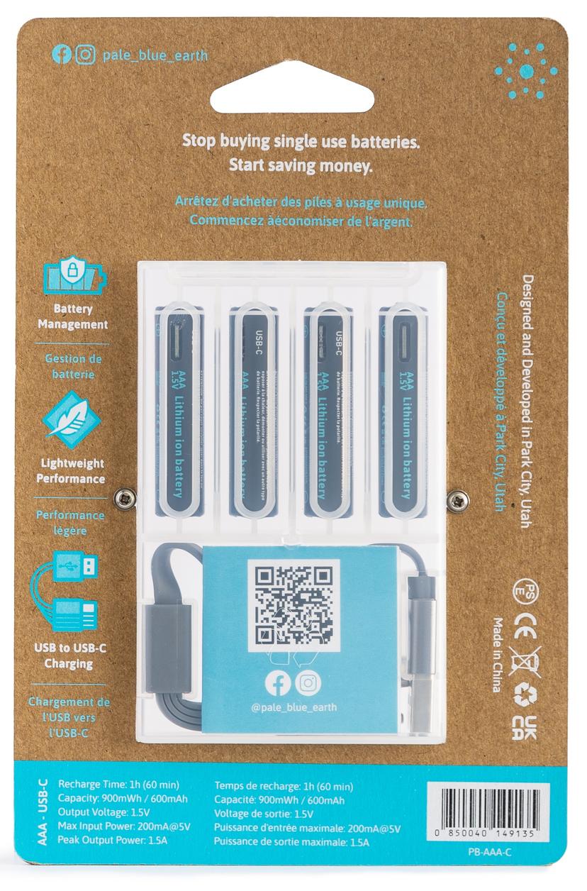 PALE BLUE Uppladdningsbart Batteri AAA 4-Pack USB-C