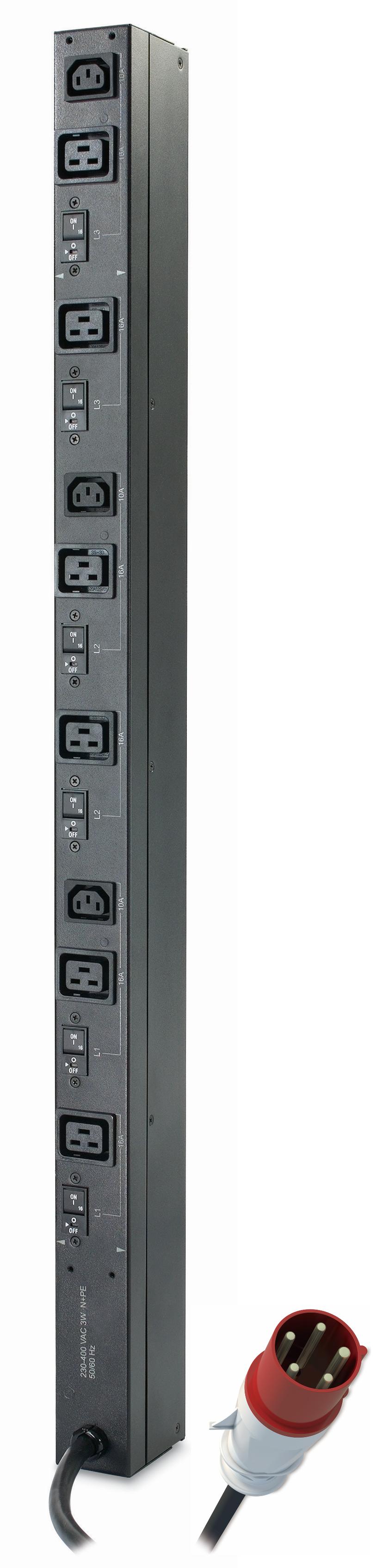 APC Rack PDU, Basic, ZeroU, 32A, 400V, (3x) C13 & (6x) C19, IEC 309 32A 3Fase stekker