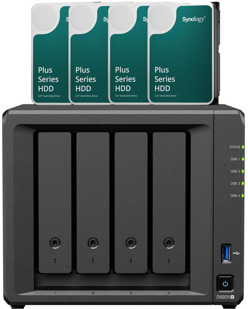 Synology DS925+ med fyra förinstallerade 6TB-enheter (totalt 24TB)