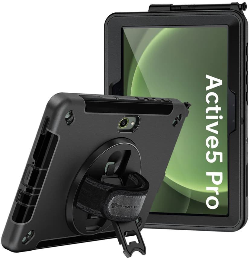 Armor-X Rainproof Military Grade Rugged Case With Hand Strap And Kick-stand Samsung Galaxy Tab Active5 Pro Svart