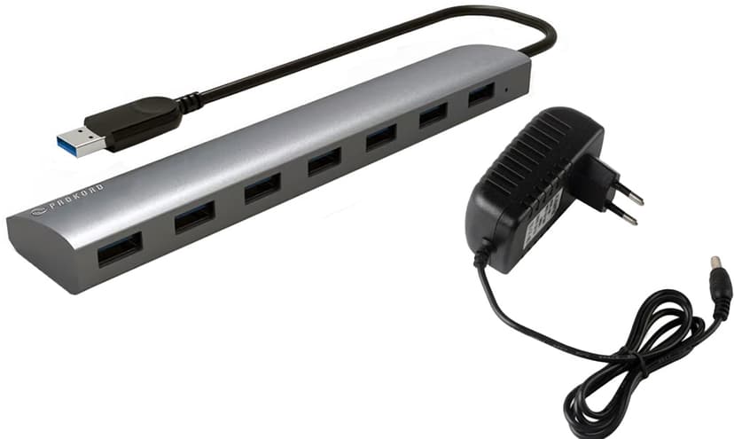 Prokord 7-Poorts USB-Hub met Voeding – USB 3.0, Hoge Snelheid Gegevensoverdracht USB 3.2 Gen 1 (3.1 Gen 1) Type-A USB 3.2 Gen 1 (3.1 Gen 1) Type-A