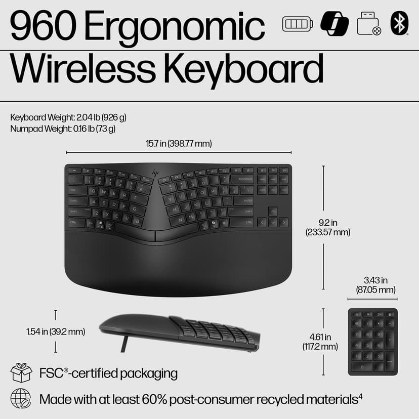 HP 965 ergonomiskt trådlöst tangentbord Trådlös Nordisk