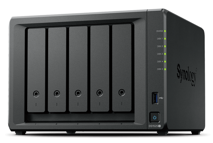 Synology DiskStation DS1525+ datalagringsserver NAS Ryzen Embedded V1500B 8 GB DDR4 0 TB Sort