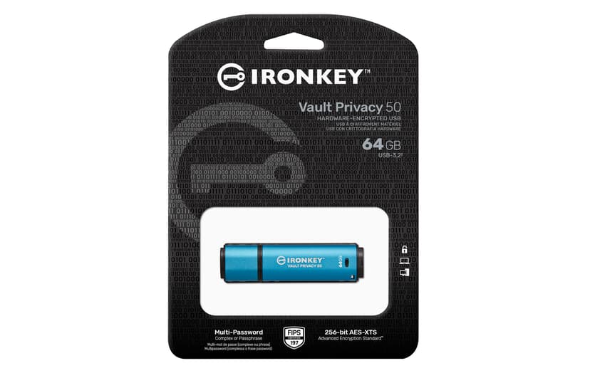 Kingston Ironkey Vault Privacy 50 64GB USB-A Musta, Sininen