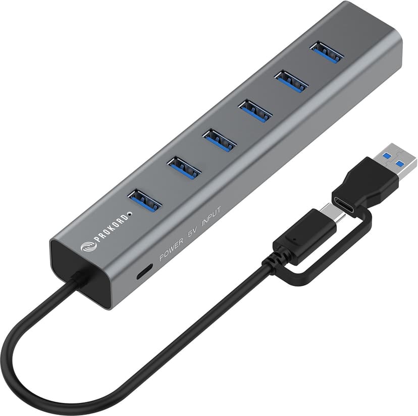 Prokord 7-Portars USB 3.0 HUB med USB-C Strömförsörjning USB 3.2 Gen 1 (3.1 Gen 1) Type-A + Type-C USB 3.2 Gen 2 (3.1 Gen 2) Type-A
