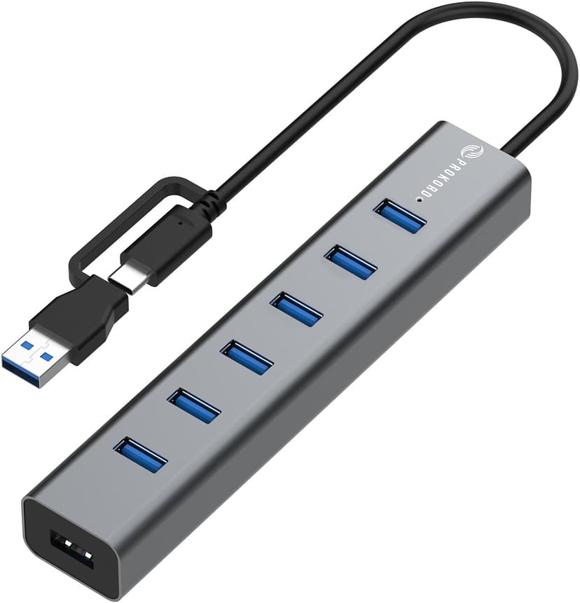 Prokord 7-Portars USB 3.0 HUB med USB-C Strömförsörjning USB 3.2 Gen 1 (3.1 Gen 1) Type-A + Type-C USB 3.2 Gen 2 (3.1 Gen 2) Type-A