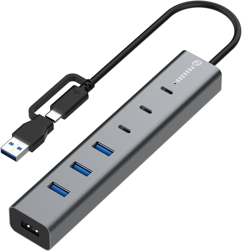 Prokord 7-Portars USB 3.0 HUB med USB-C Strömförsörjning USB 3.2 Gen 1 (3.1 Gen 1) Type-A + Type-C USB 3.2 Gen 2 (3.1 Gen 2) Type-A, USB 3.2 Gen 2 (3.1 Gen 2) Type-C
